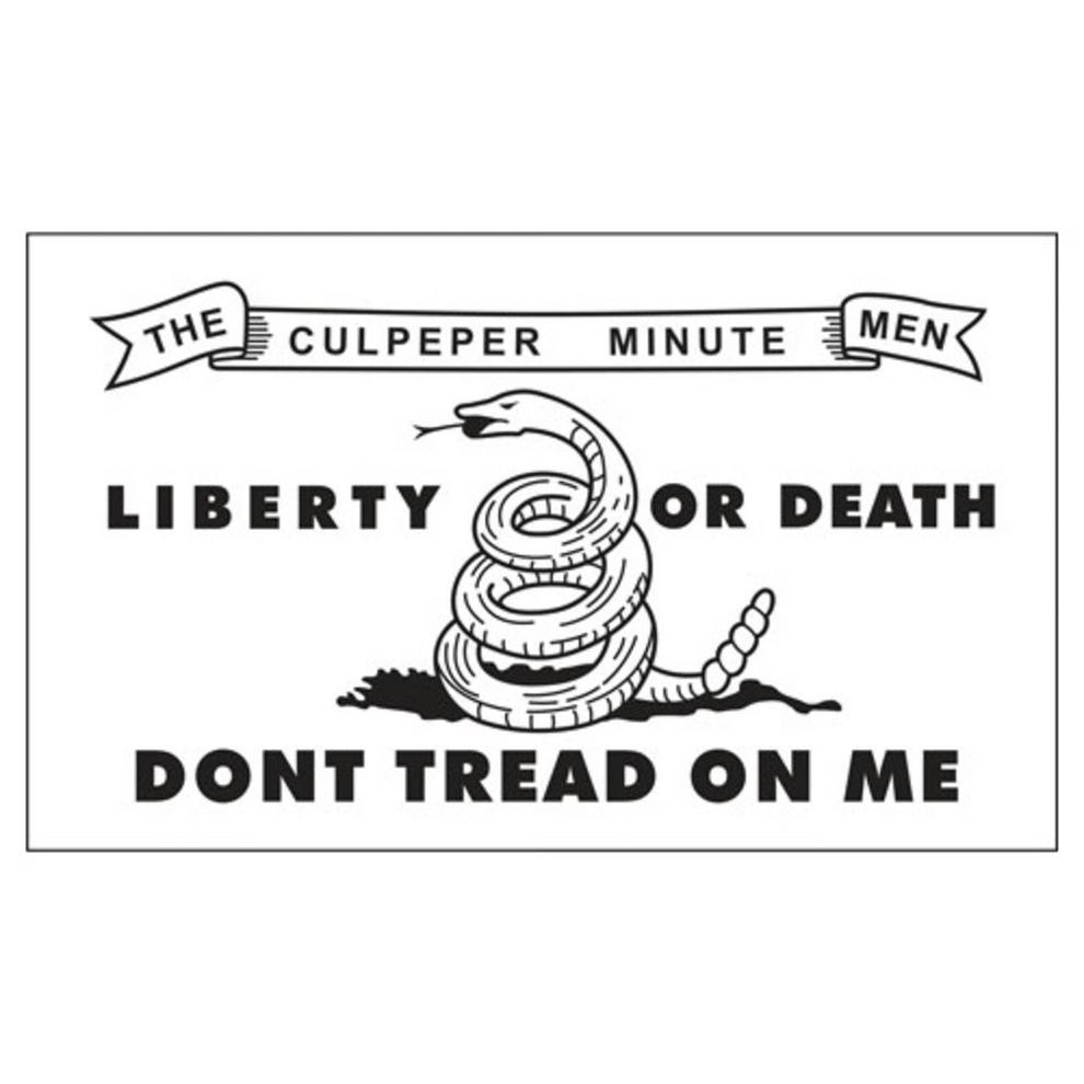 Gadsden flag with snake and text 'Liberty or Death, Don't Tread on Me' on a white background