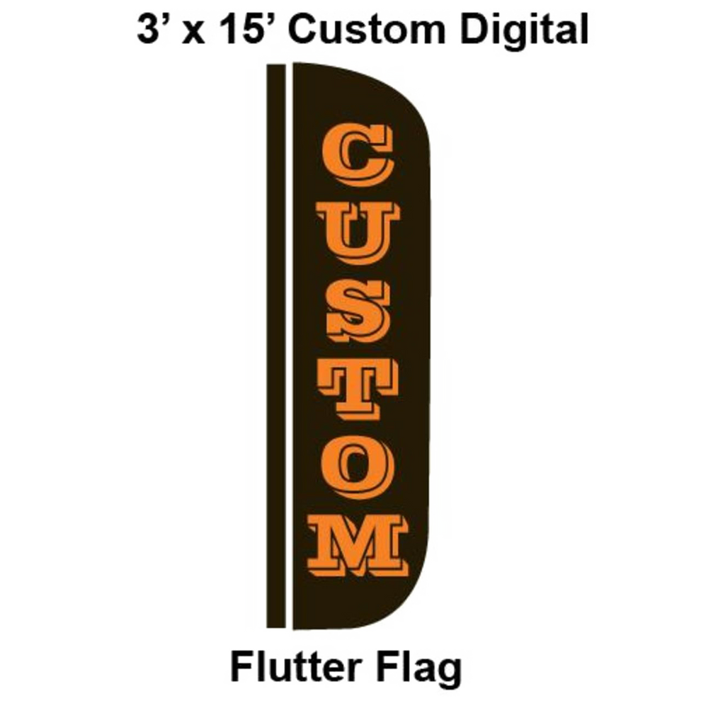 A custom digital flutter flag with the word 'CUSTOM' in capital letters, designed for a pole sleeve, against a black background.