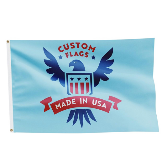 Flag with 'Custom Flags Made in USA' text and eagle design on a light blue background