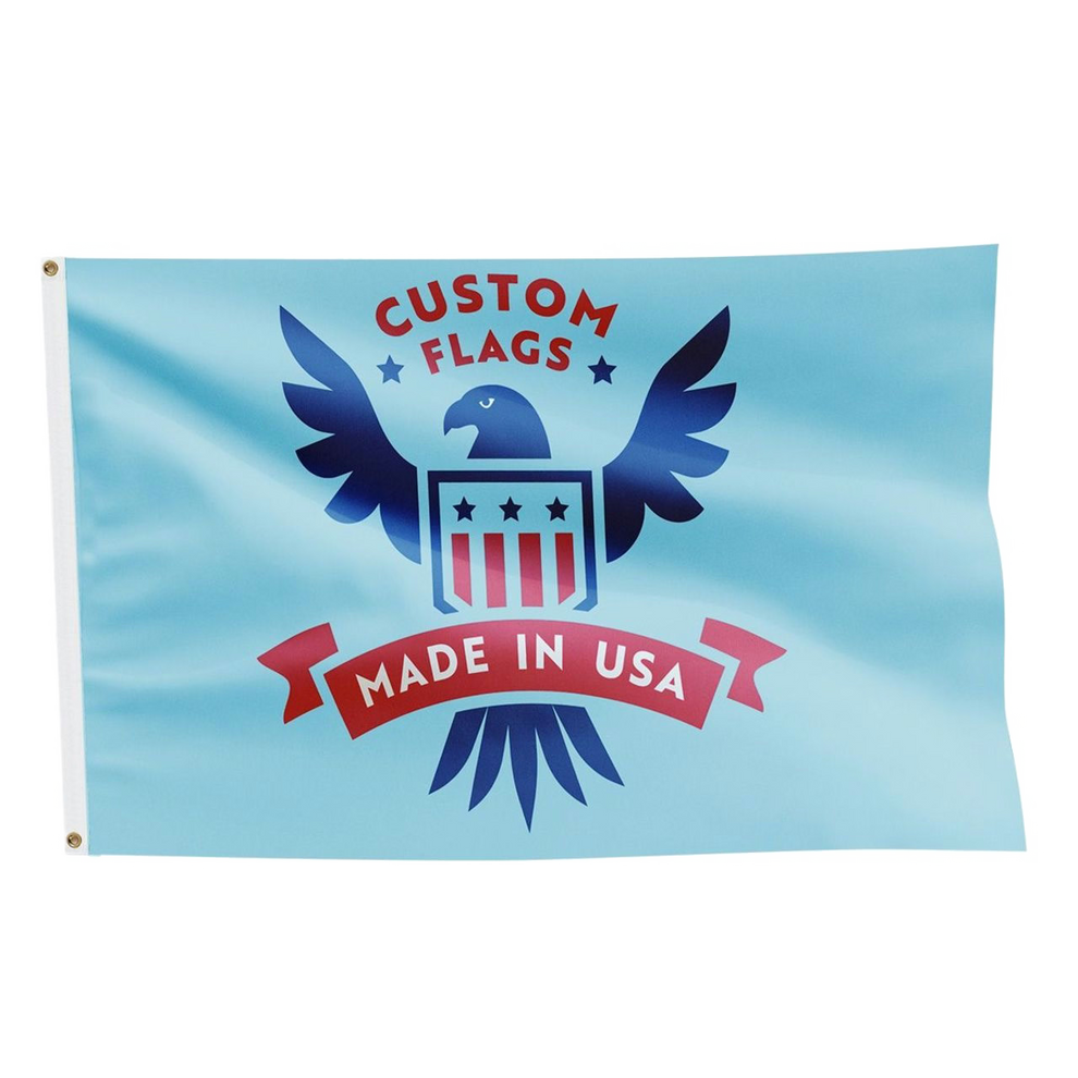 Flag with 'Custom Flags Made in USA' text and eagle design on a light blue background