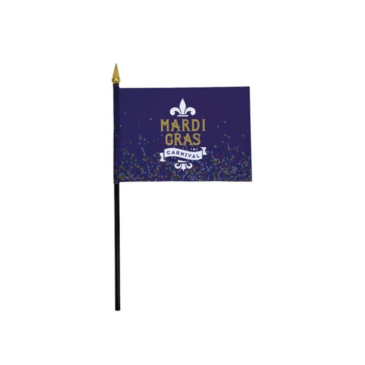 Mardi Gras-themed flag with decorative elements on a white background
