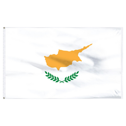 Flag of Cyprus with a yellow map and green olive branches on a white background