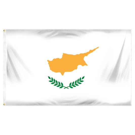 Flag of Cyprus with a yellow map and green olive branches on a white background
