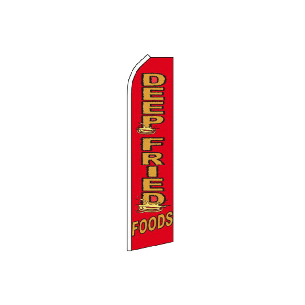 Red feather flag with 'DEEP FRIED FOODS' text on a white background