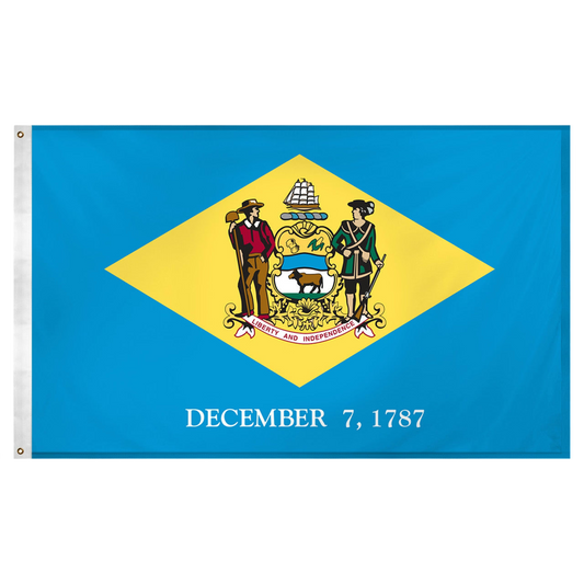 Delaware state flag with a blue field, central yellow diamond containing the state coat of arms, and "DECEMBER 7, 1787" below.