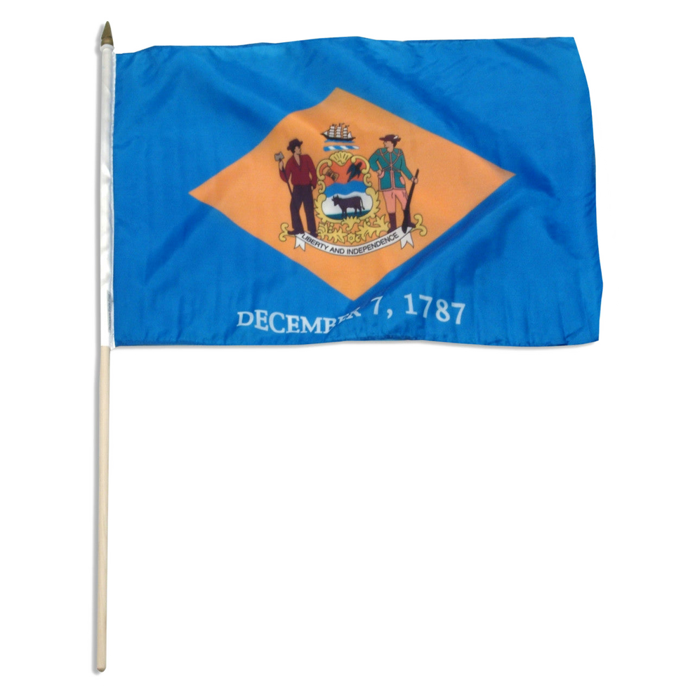 Delaware state flag with blue field, yellow diamond, coat of arms, and “December 7, 1787.”