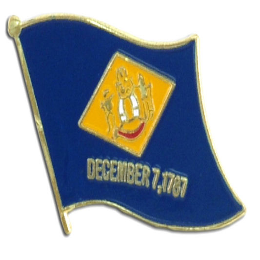 Blue Delaware flag pin with yellow emblem and text 'December 7, 1787' on a white background
