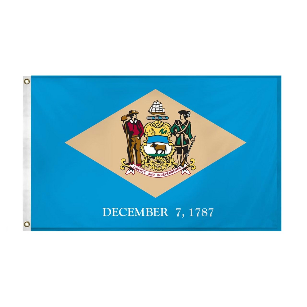 State of Delaware flag with a diamond-shaped emblem and 'December 7, 1787' text on a blue background