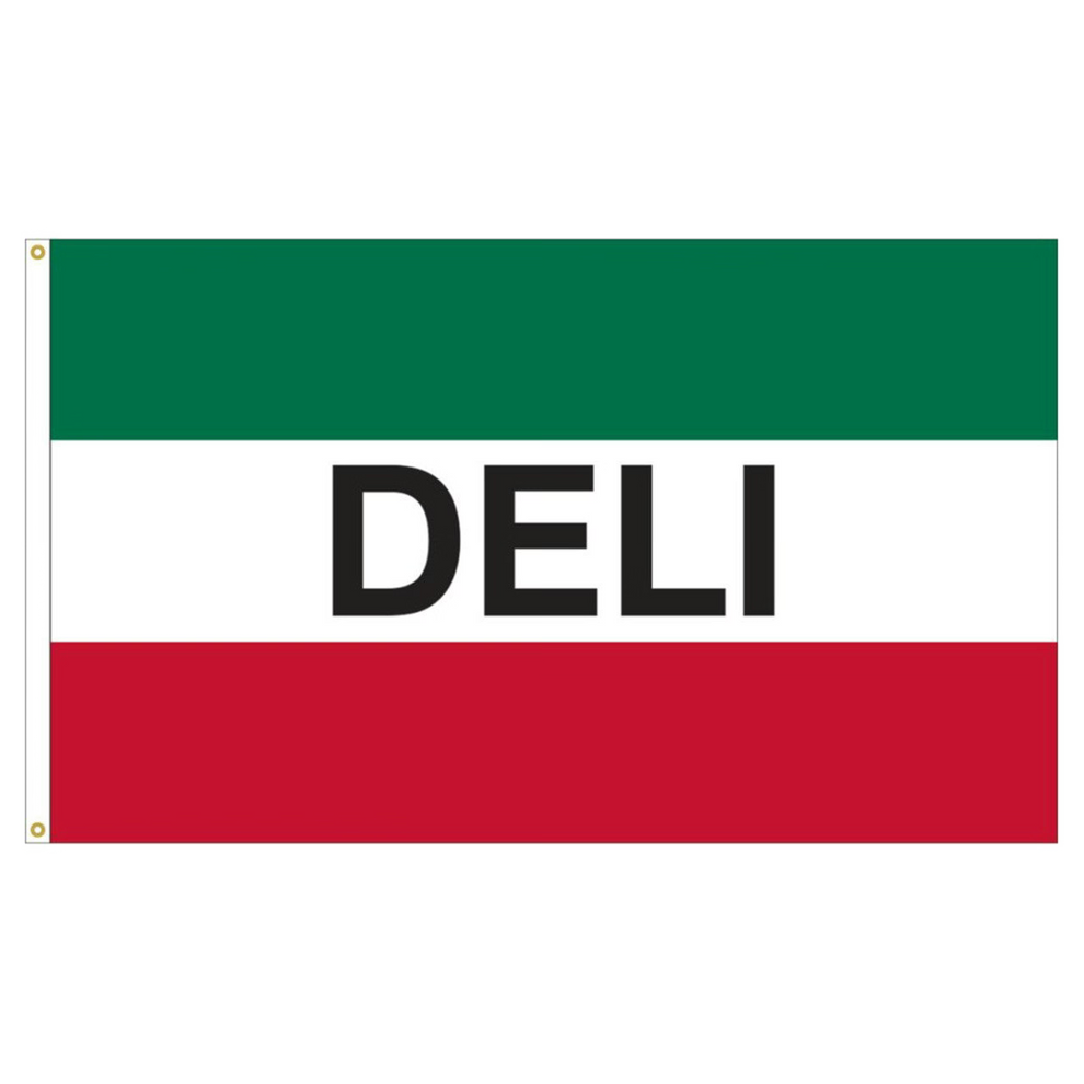 Flag with green, white, and red horizontal stripes and 'DELI' text in the center.