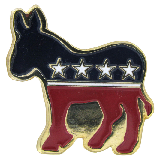 Donkey symbol pin with American flag colors on a white background