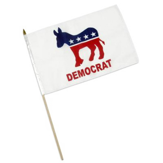 Small flag with a donkey logo and 'Democrat' text on a white background