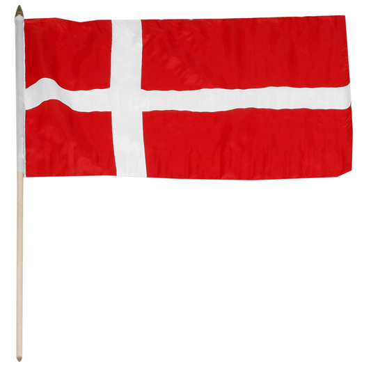 Danish flag with a white cross on red, on a stick.