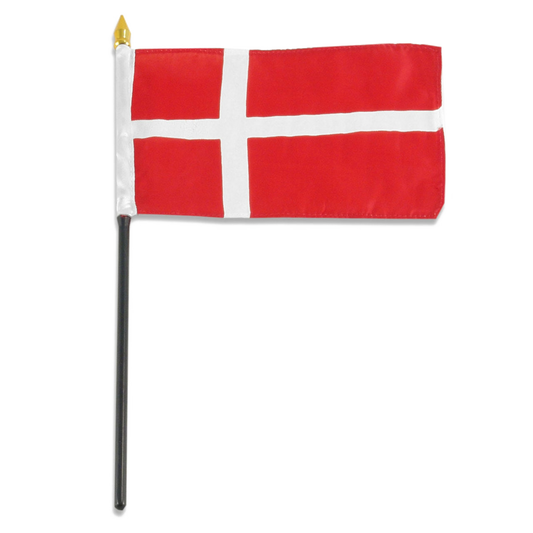 Small Denmark flag with red and white cross on a white background