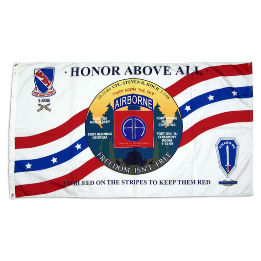 Flag with military emblems and text on a white background