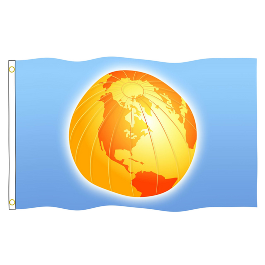 Flag with a stylized globe design on a blue background