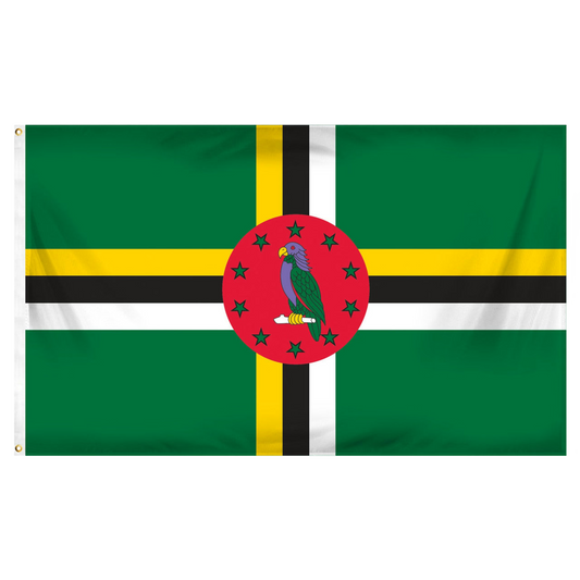 Flag of Dominica with green, yellow, black, and white stripes, featuring a central emblem with a parrot.