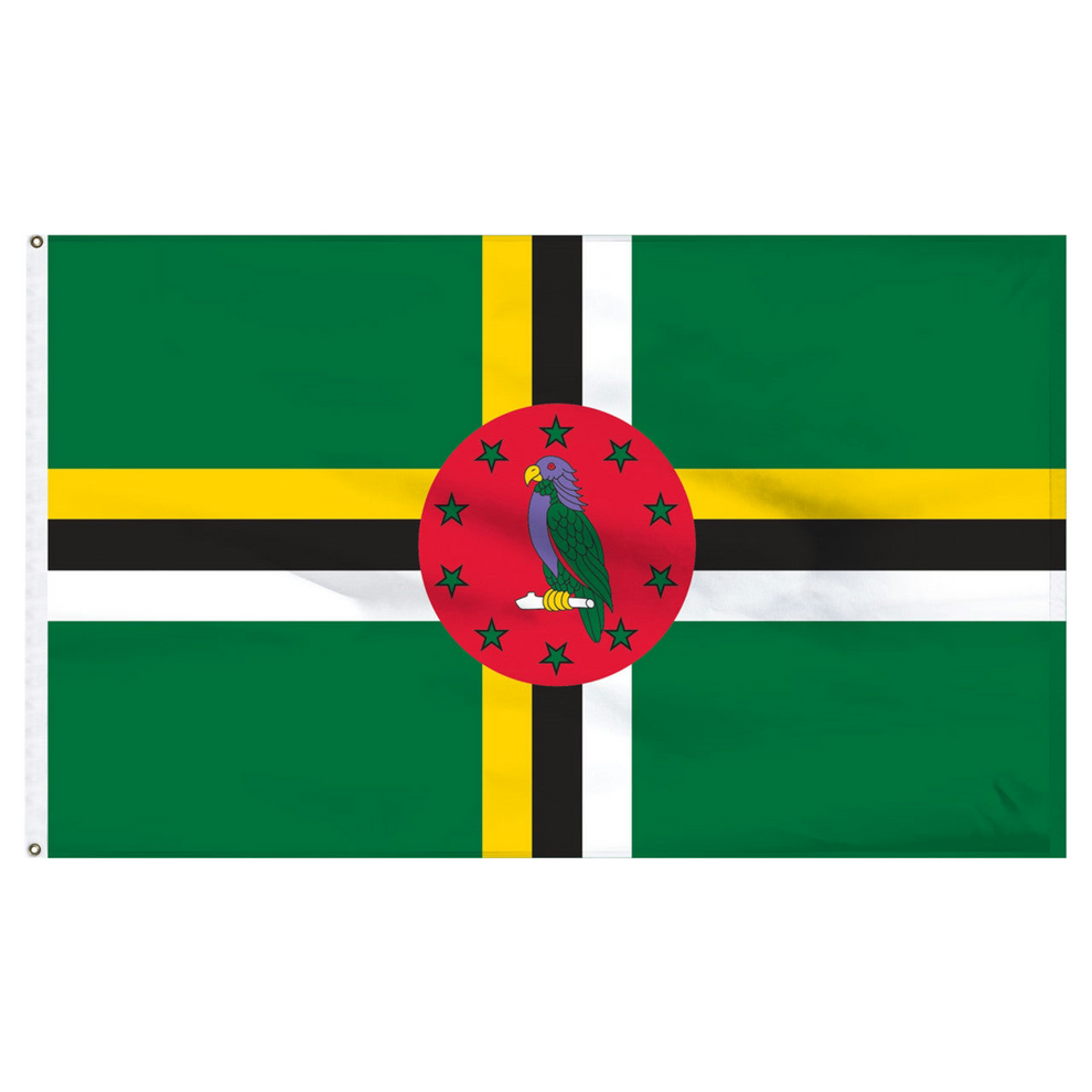 Flag of Dominica with green background, yellow, black, and white stripes featuring a red central emblem with a parrot.