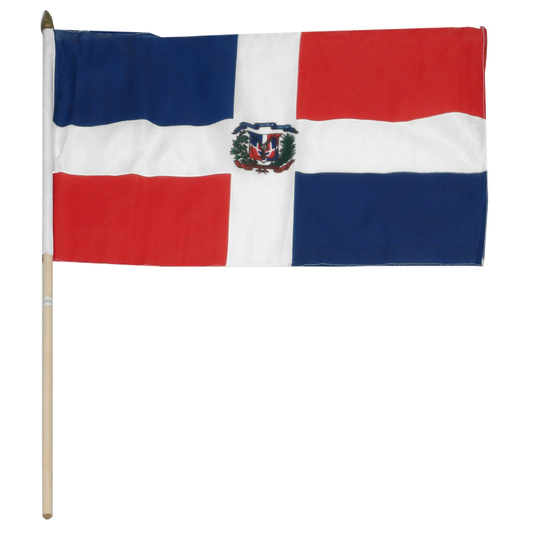 Flag of the Dominican Republic with a coat of arms in the center of a horizontal white strip intersecting a vertical white stripe and two blue corners and two red corners.