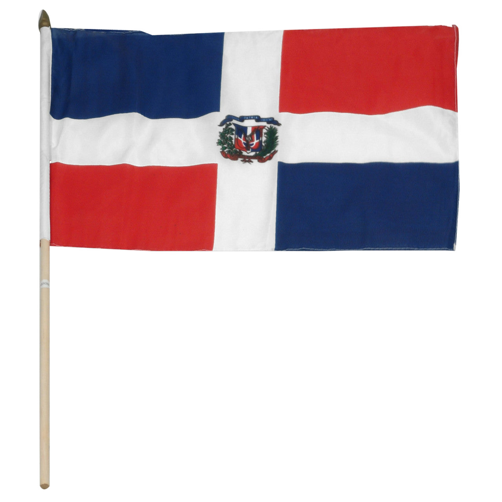 Flag of the Dominican Republic with a coat of arms in the center of a horizontal white strip intersecting a vertical white stripe and two blue corners and two red corners.