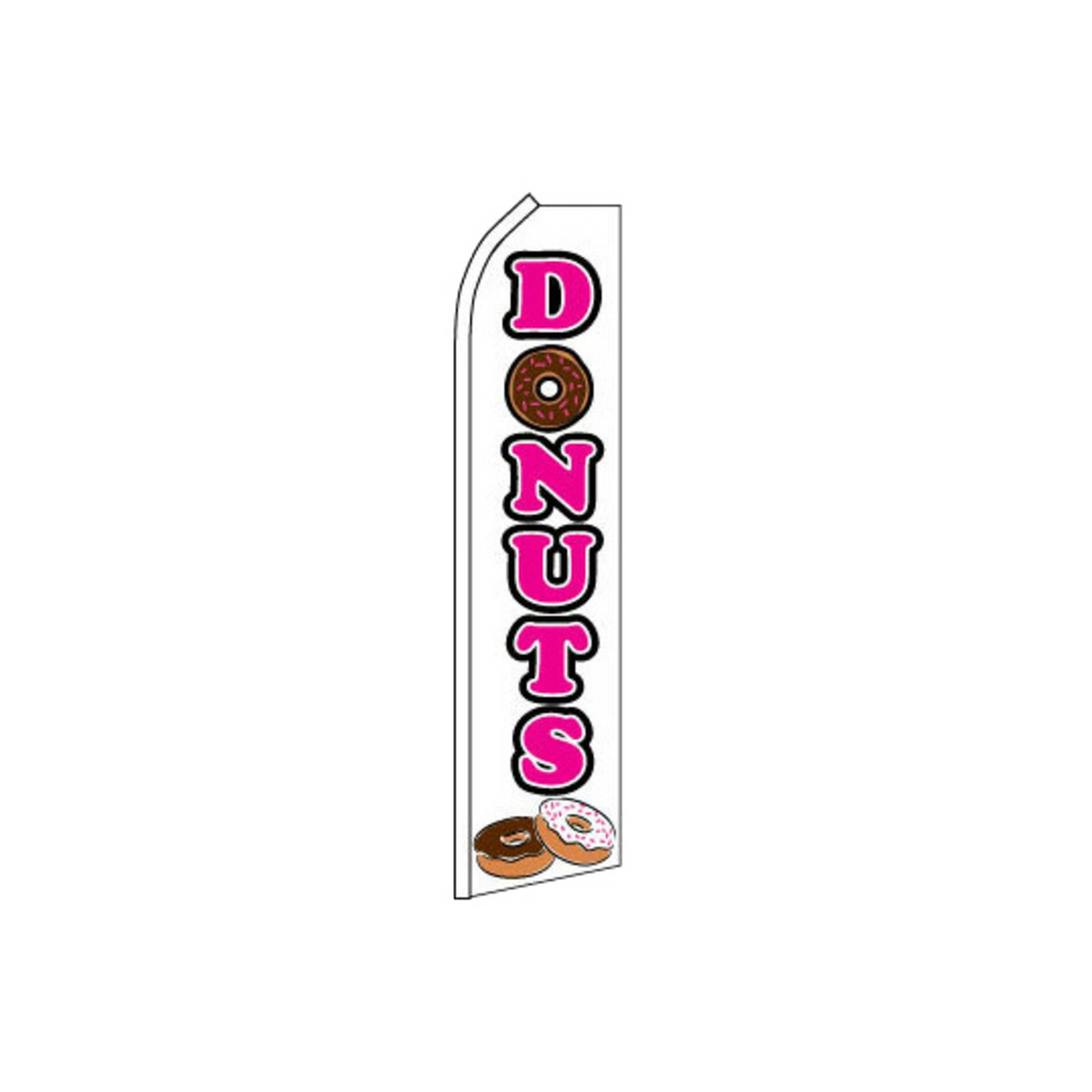 Swooper flag with 'Donuts' text and donut graphics on a white background