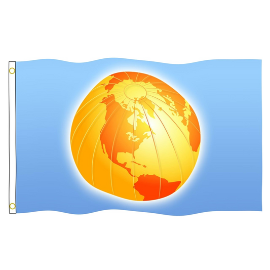 Flag with a stylized globe design on a blue background