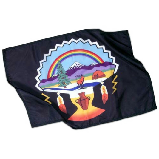 Black fabric with colorful graphic design featuring a rainbow, mountains, and abstract elements on a white background.