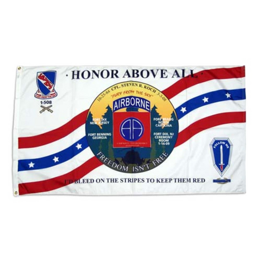 Commemorative Airborne flag with “Honor Above All” text, unit insignia, and red, white, and blue stripes.
