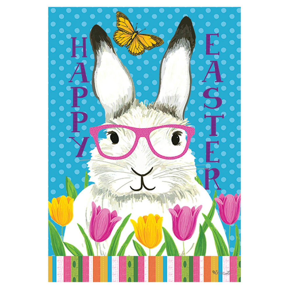 Decorative garden flag Easter scene with a rabbit wearing glasses, tulips, and a butterfly on a blue polka dot background.