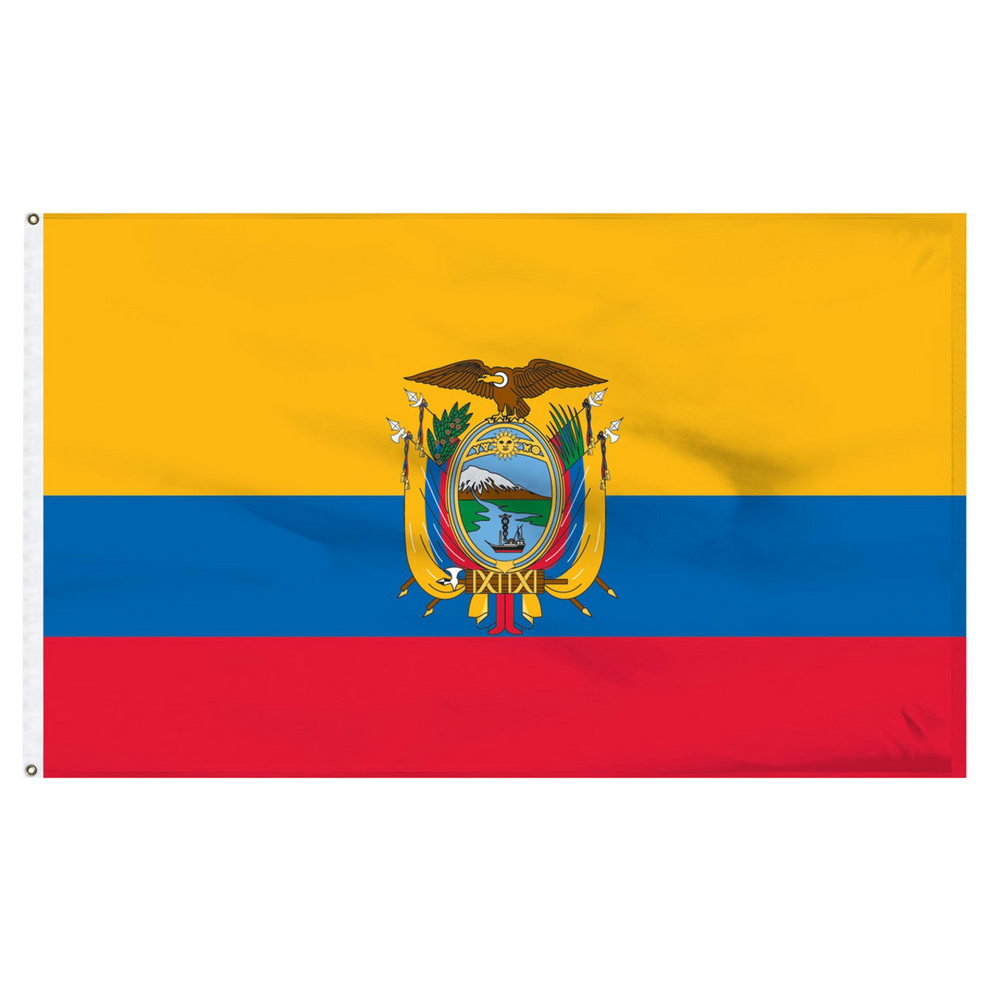 Flag of Ecuador with yellow, blue, and red colors and a central emblem featuring a bird