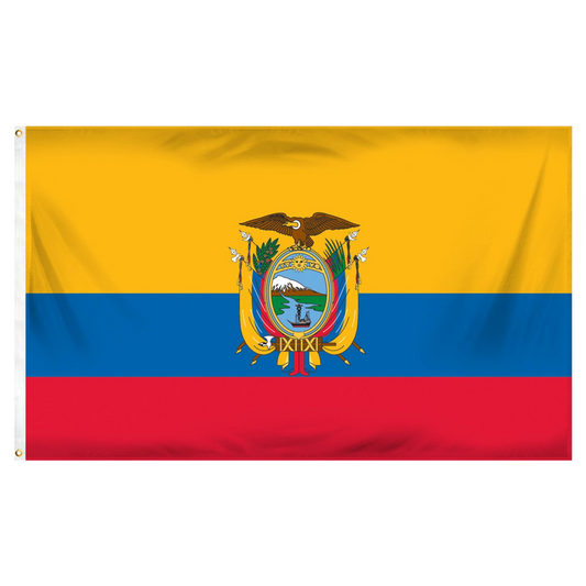 Flag of Ecuador with yellow, blue, and red colors and a central emblem featuring a bird