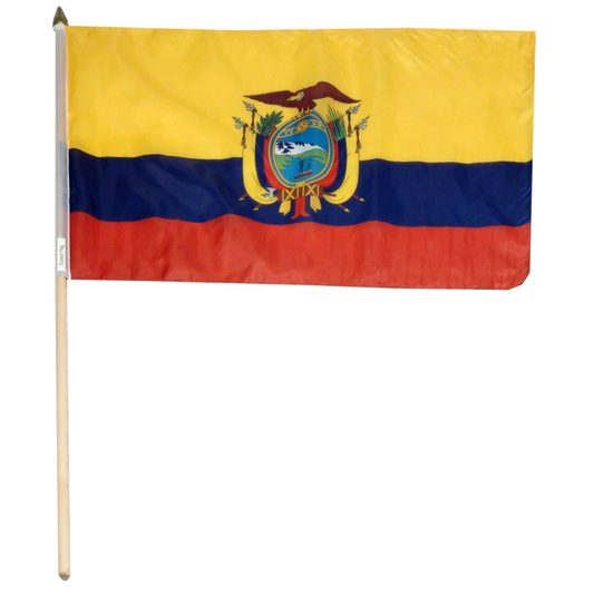 Flag of Ecuador with yellow, blue, and red colors and a central emblem featuring a bird