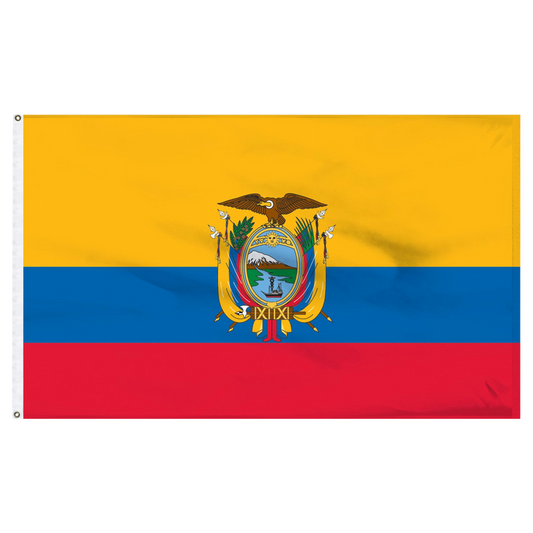 Flag of Ecuador with yellow, blue, and red colors and a central emblem featuring a bird