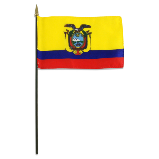 Flag of Ecuador with yellow, blue, and red colors and a central emblem featuring a bird