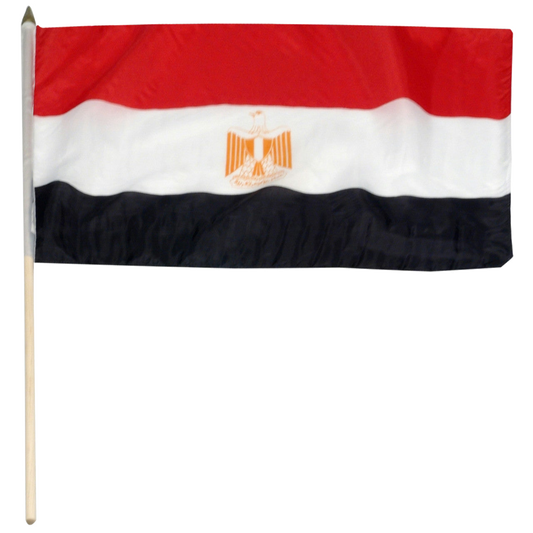 Flag of Egypt with a red, white, and black horizontal stripe design and a gold bird emblem in the center.