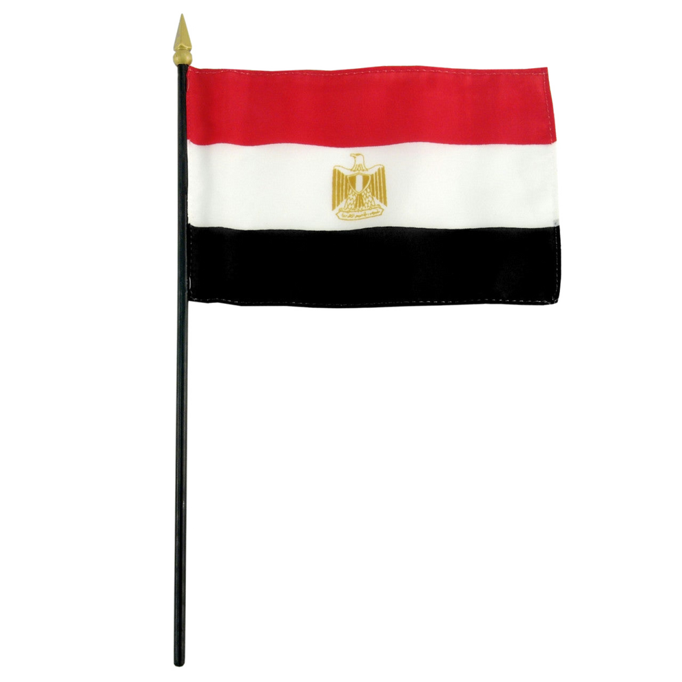 Flag of Egypt with a red, white, and black horizontal stripe design and a gold bird emblem in the center.
