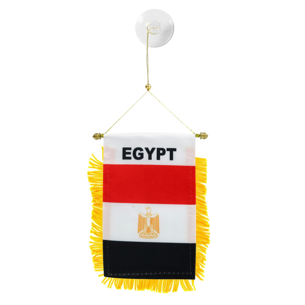 Egyptian flag hanging banner with gold fringe on a white background