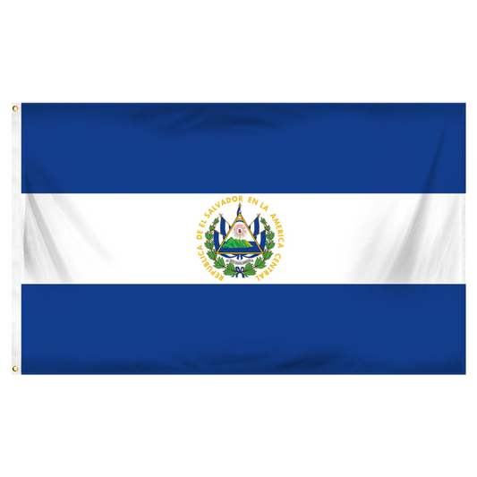 Flag of El Salvador with coat of arms in the center on a white background