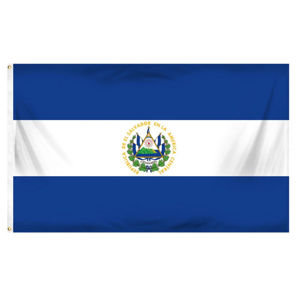 Flag of El Salvador with coat of arms in the center on a white background