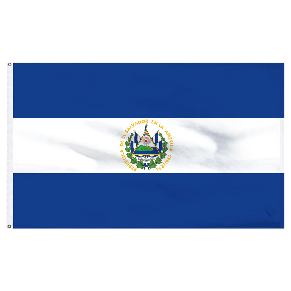 Flag of El Salvador with coat of arms in the center on a white background