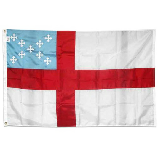 Episcopal flag with blue, red, and white sections featuring crosses on a white background
