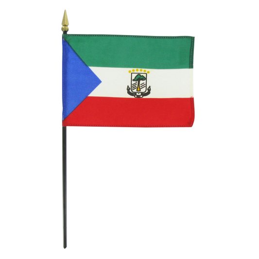 Small stick flag of Equatorial Guinea featuring horizontal green, white, and red stripes, a blue triangle at the hoist, and a central coat of arms, mounted on a black staff with a gold spear tip.