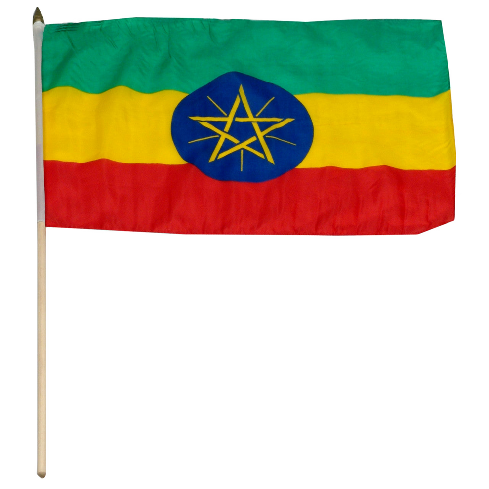 Flag of Ethiopia with green, yellow, and red stripes and a blue circle with a yellow star on a white background.