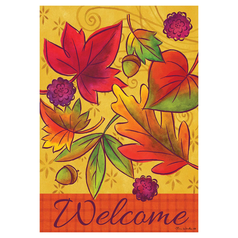 Decorative banner with colorful autumn leaves and the word 'Welcome' on a yellow background.