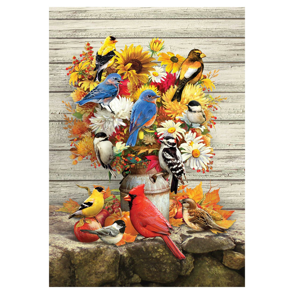 Decorative garden flag featuring a colorful illustration of birds and flowers on a wooden background