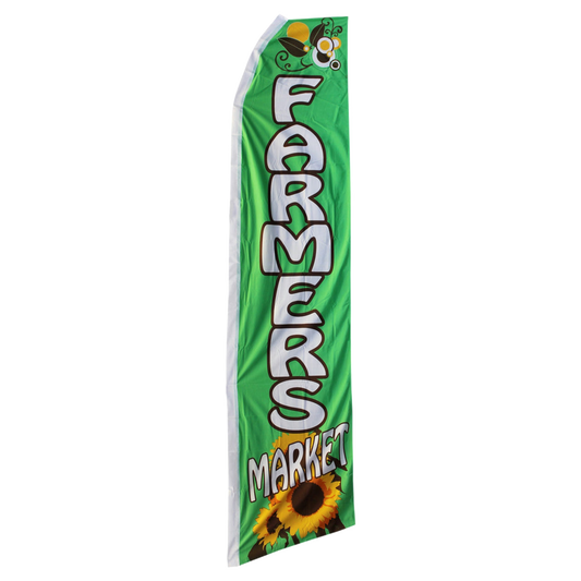 Green feather flag with 'Farmers Market' text and sunflower design on a white background