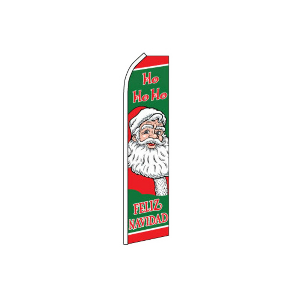 Christmas-themed banner with Santa Claus and 'Ho Ho Ho Feliz Navidad' text on a white background