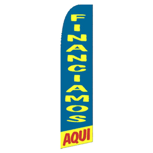 Blue feather flag with yellow text 'FINANCIAMOS' and red text 'AQUI' on a white background