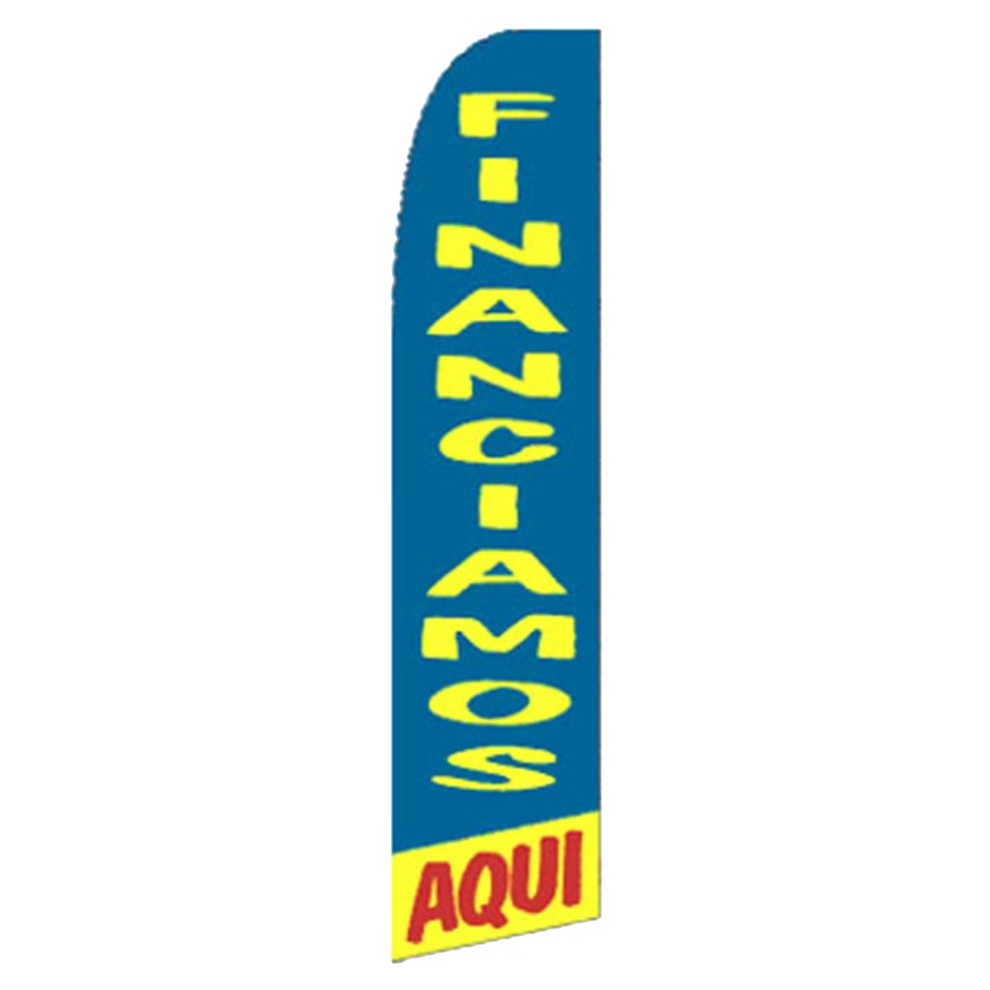 Blue feather flag with yellow text 'FINANCIAMOS' and red text 'AQUI' on a white background