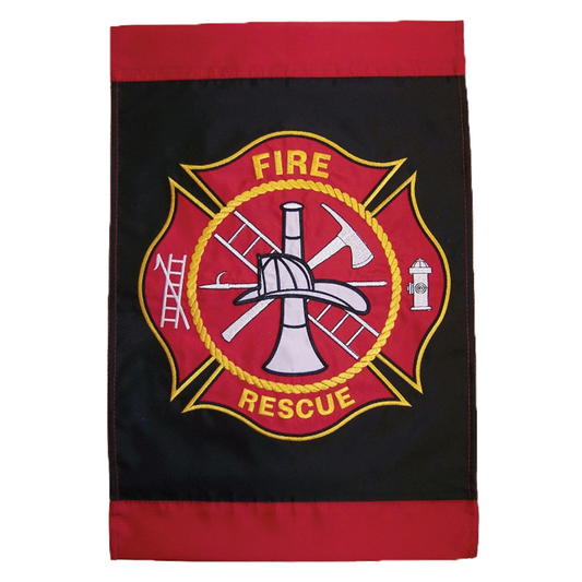 Fire rescue emblem on a black and red garden flag