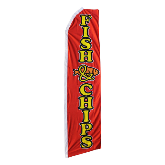 Red swooper flag with 'Fish & Chips' text and fish illustration on a white background